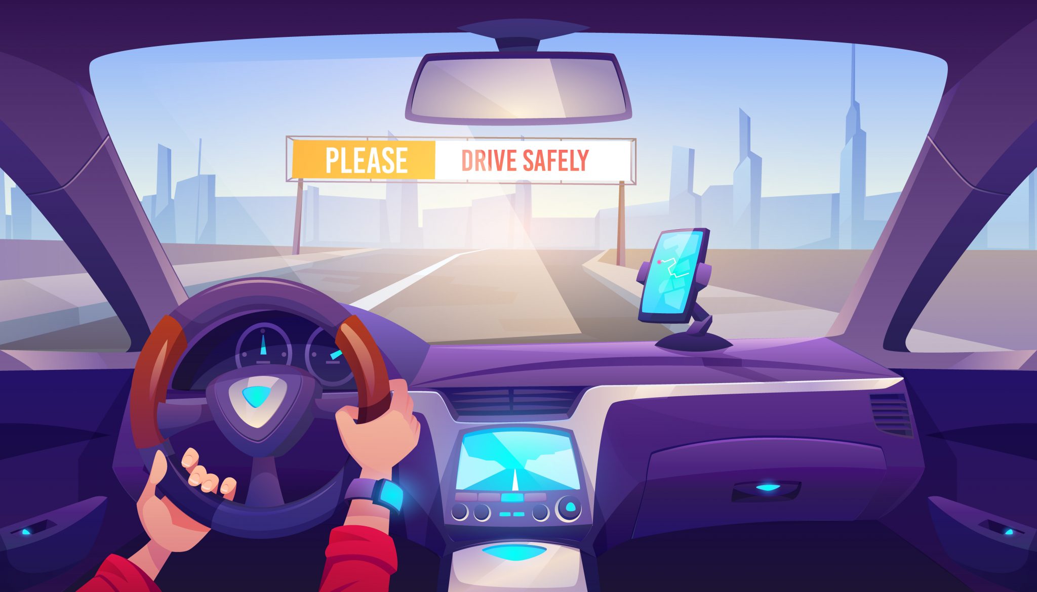 Driver hands on car steering wheel, auto interior