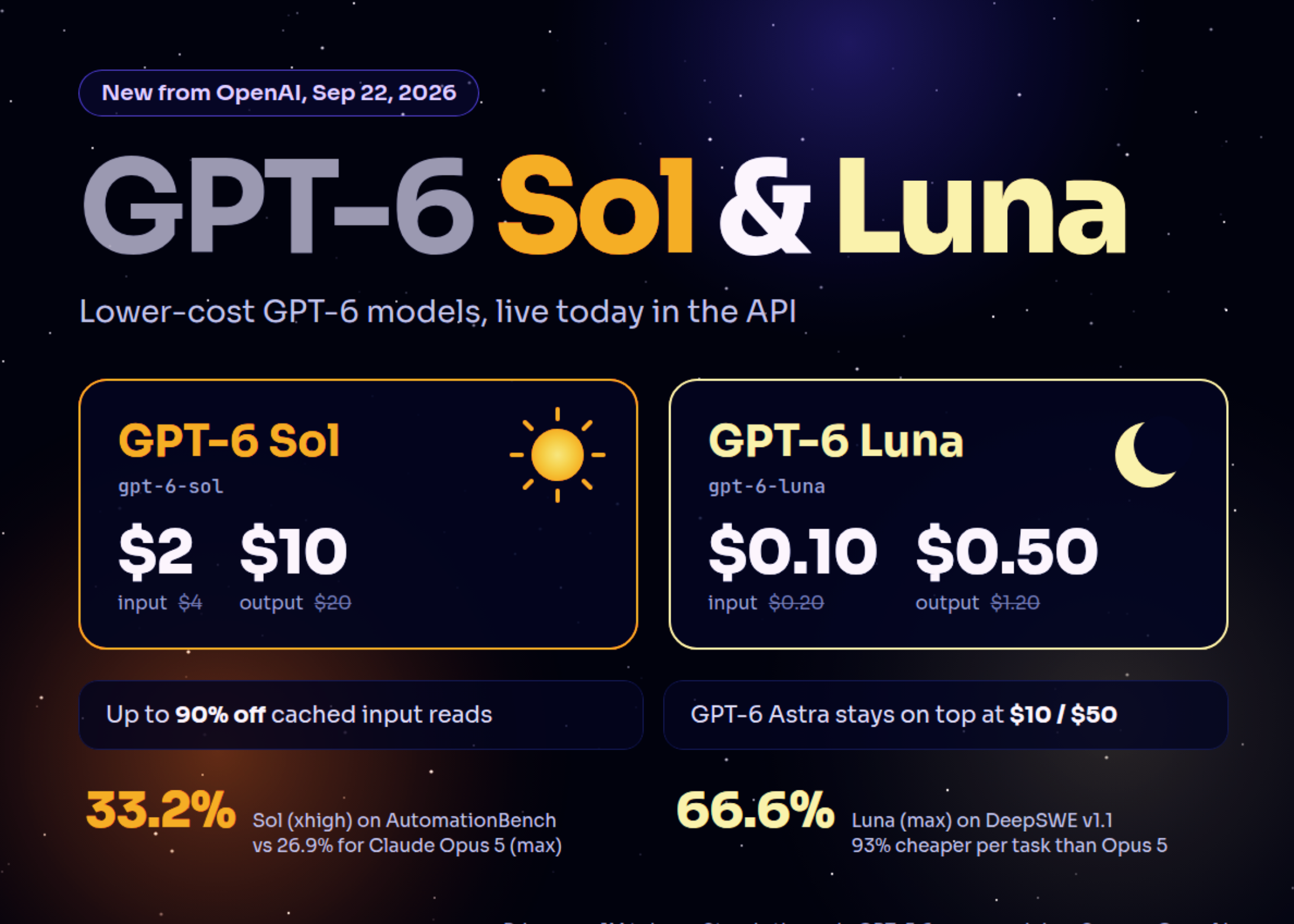 OpenAI Releases GPT-6 Sol and Luna: 50% Cheaper API Pricing and Benchmarks OpenAI Releases GPT-6 Sol and Luna: 50% Cheaper API Pricing and Benchmarks