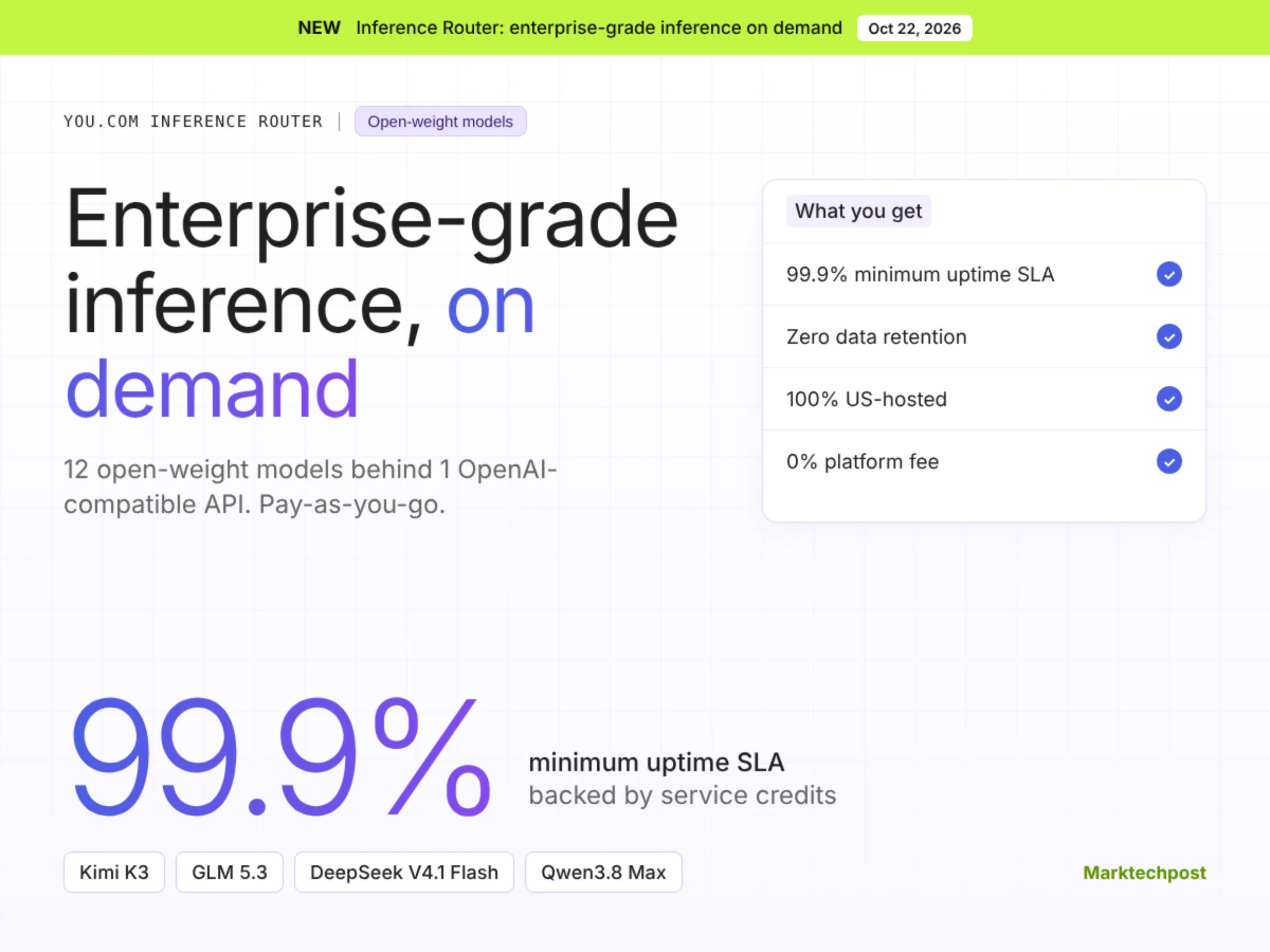You.com Launches Inference Router: 12 Open-Weight Models With 99.9% Uptime SLA You.com Launches Inference Router: 12 Open-Weight Models With 99.9% Uptime SLA